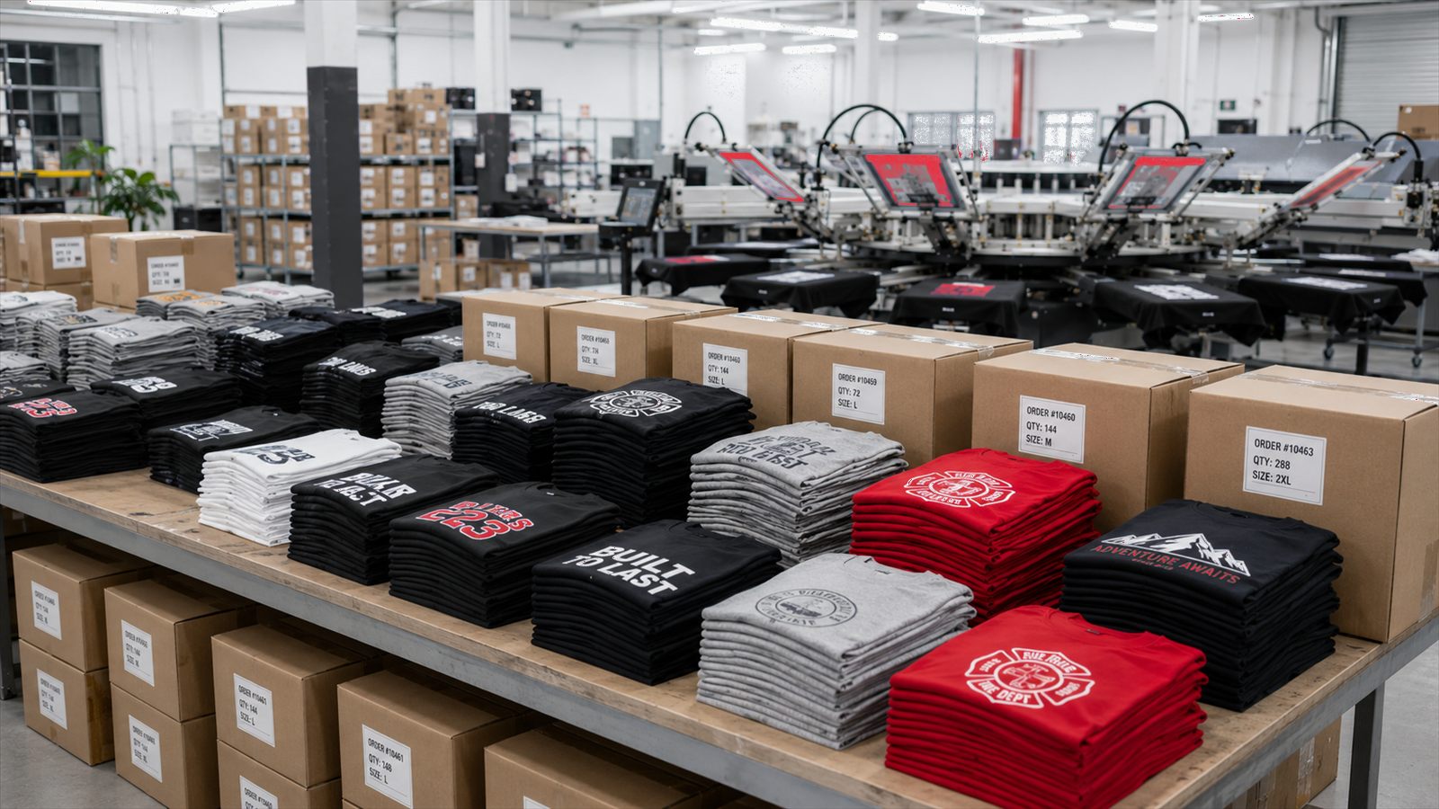 Finished orders folded and boxed on the production floor