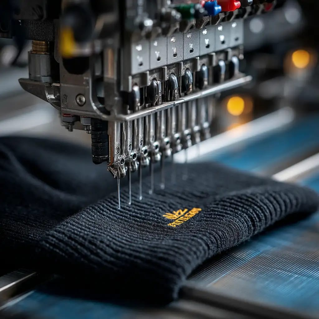 Embroidery machine stitching a logo onto a beanie