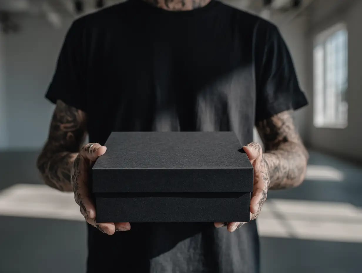 A black gift box being presented
