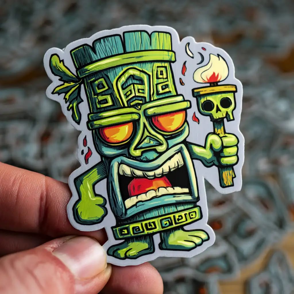 Die-cut tiki character sticker held in hand